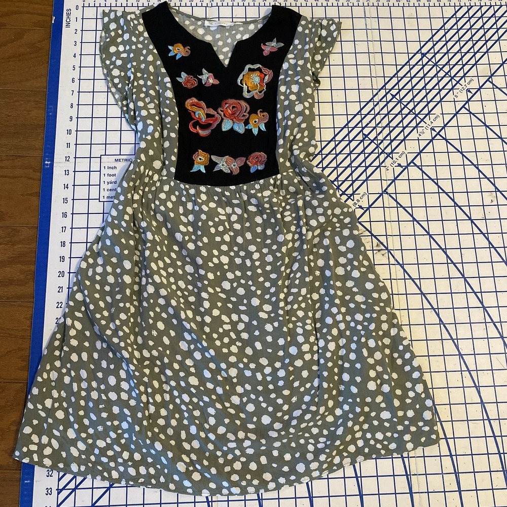 Kirundo Leopard Embroidered Floral V-Neck Flowy Babydoll Dress Womens Size S